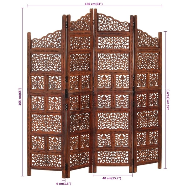 vidaXL 4-panels rumdeler håndskåret 160 x 165 cm massivt mangotræ brun