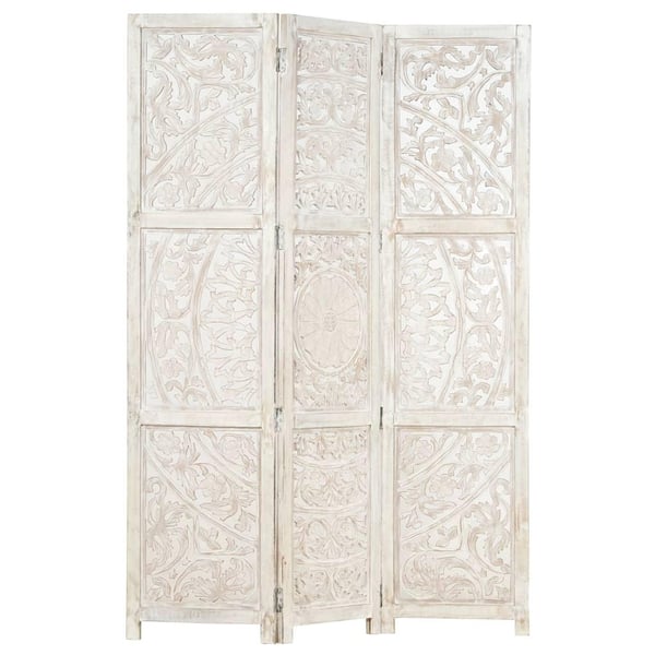 vidaXL Romdeler håndskåret 3 paneler hvit 120x165 cm heltre mango