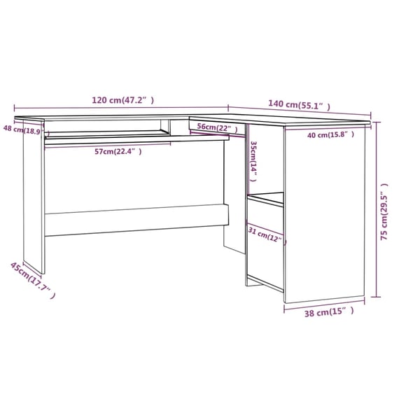 vidaXL L-formet skrivebord betonggrå 120x140x75 cm konstruert tre