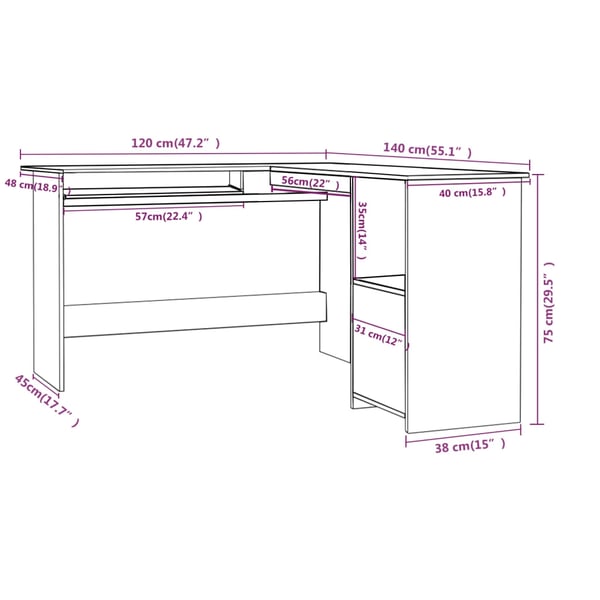 vidaXL L-formet skrivebord 120x140x75 cm konstrueret træ sort