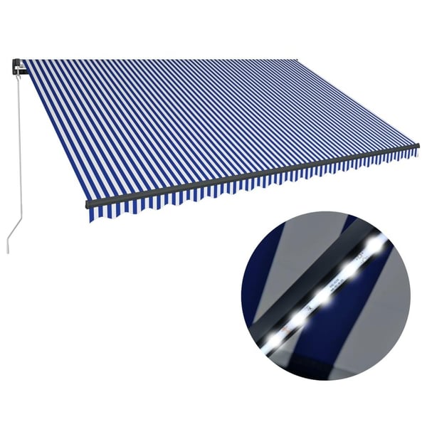 vidaXL Markis manuellt infällbar med LED 500x300 cm blå och vit