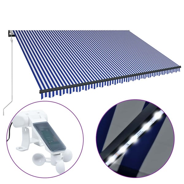 vidaXL Markise med vindsensor og LED 500x300 cm blå og hvit