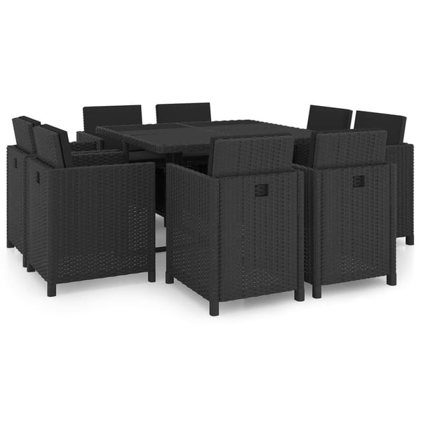 vidaXL udendørs spisebordssæt 9 dele med hynder polyrattan sort