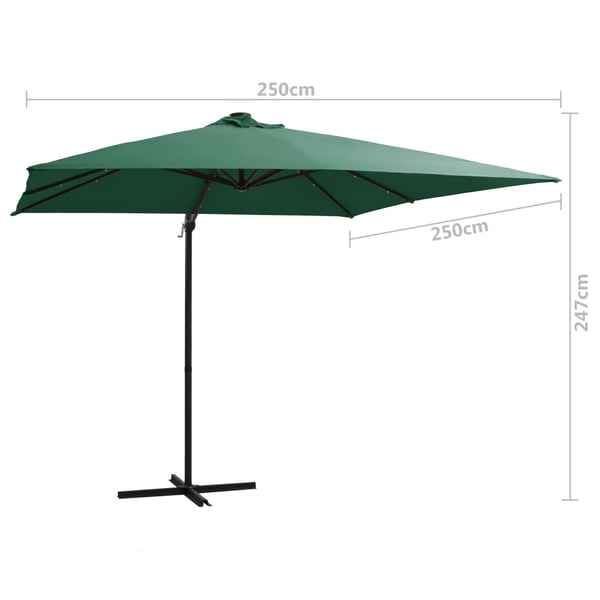 vidaXL hængeparasol med LED-lys og stålstang 250x250 cm grøn