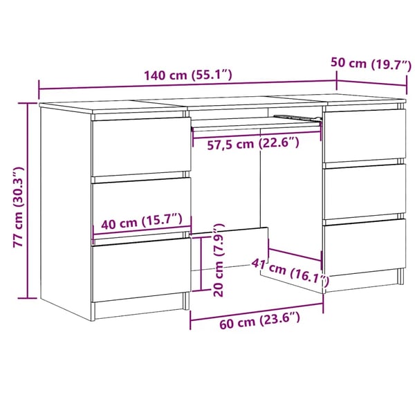 vidaXL Skrivebord sonoma eik 140x50x77 cm konstruert tre