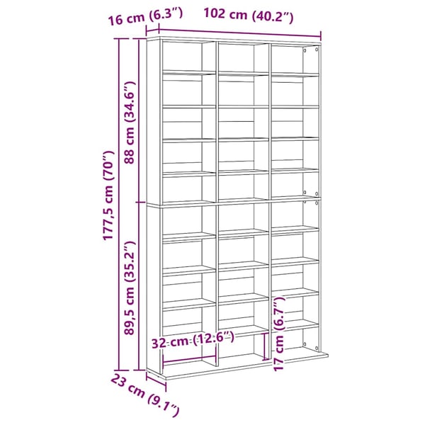vidaXL CD-hylle sonoma eik 102x23x177,5 cm konstruert tre