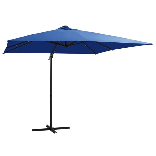 vidaXL hængeparasol med LED-lys og stålstang 250x250 cm azurblå