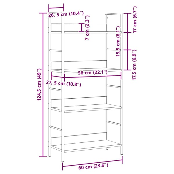vidaXL Bokhylle 4 lag svart 60x27,6x124,5 cm konstruert tre