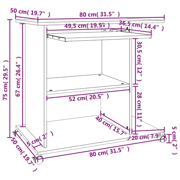 vidaXL Databord hvit 80x50x75 cm konstruert tre