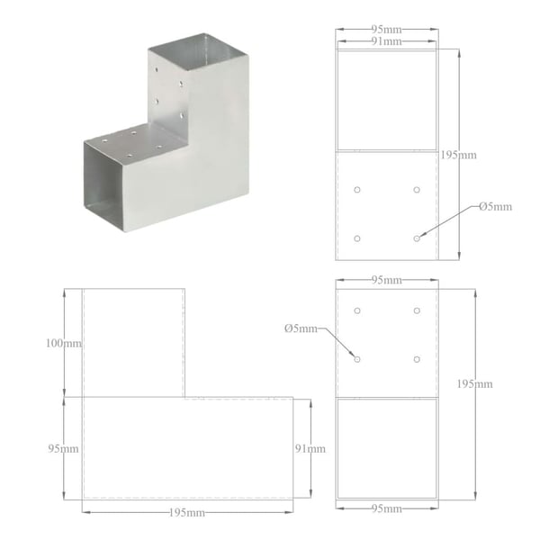 vidaXL Stolpesko 4 stk L-form galvanisert metall 91x91 mm