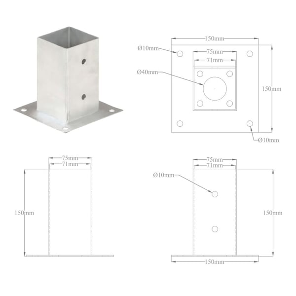 vidaXL stolpefod 4 stk. 71 mm galvaniseret metal