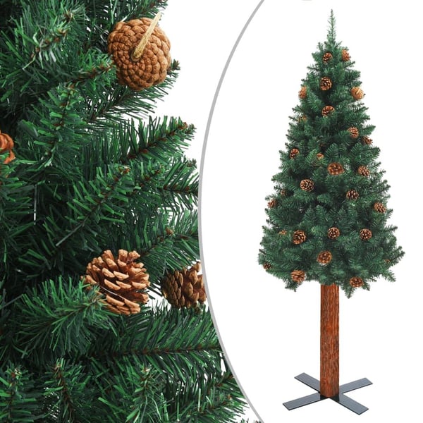 vidaXL Slankt juletre med ekte tre og furukongler grønn 210 cm PVC