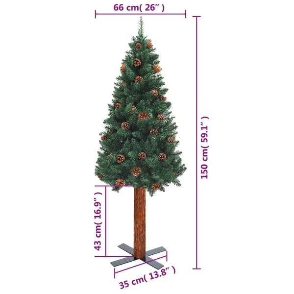 vidaXL Kapea joulukuusi aidolla puulla ja kävyillä vihreä 150 cm PVC