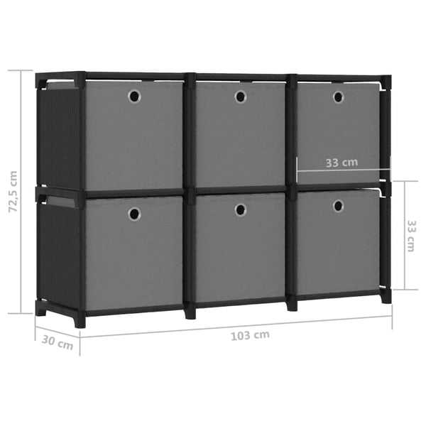 vidaXL reol med 6 rum og kasser 103x30x72,5 cm stof sort
