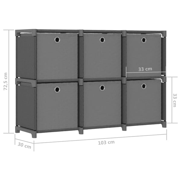 vidaXL Displayhylle med 6 kuber og bokser grå 103x30x72,5 cm stoff