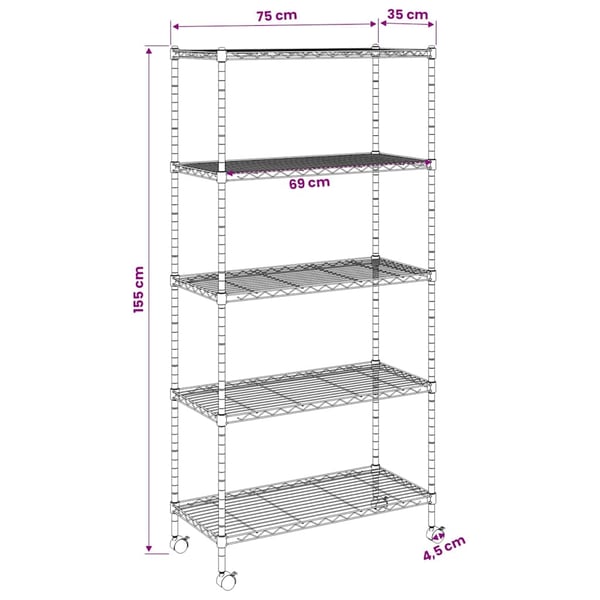 vidaXL Oppbevaringshylle 5 etasjer med hjul 75x35x155 cm svart 250 kg