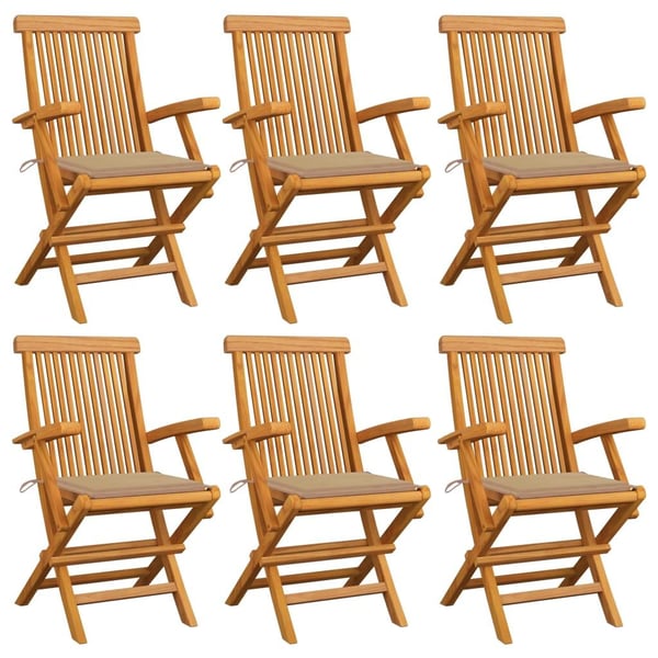 vidaXL havestole med beige hynder 6 stk. massivt teaktræ