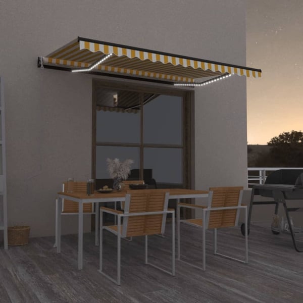 vidaXL Sisäänkelattava markiisi LED/tuulisensori 450x350 cm keltavalk.