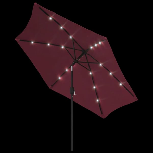 vidaXL parasol m. LED-lys og stålstang 300 cm bordeauxrød