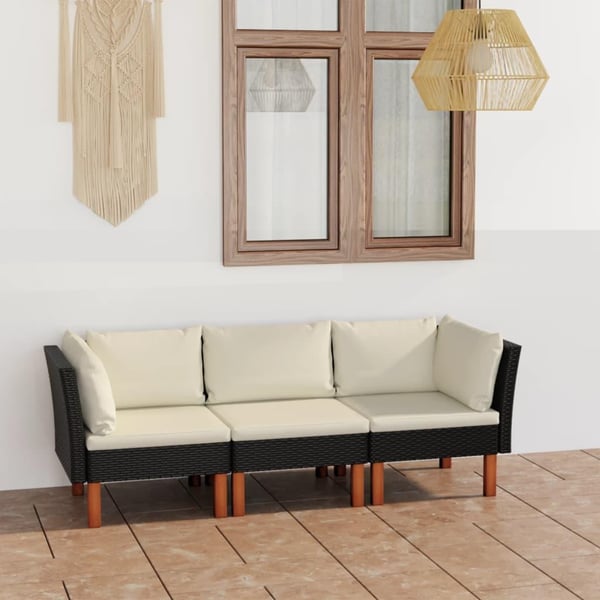 vidaXL 3-personers havesofa med hynder polyrattan sort