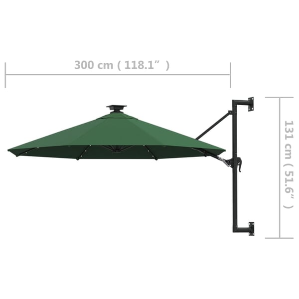vidaXL væghængt parasol m. LED-lys 300 cm grøn