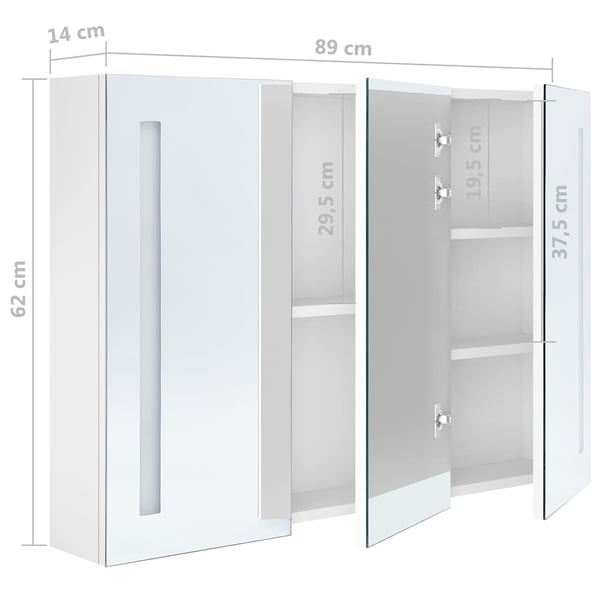vidaXL badeværelsesskab med spejl + LED-lys 89x14x62 cm skinnende hvid