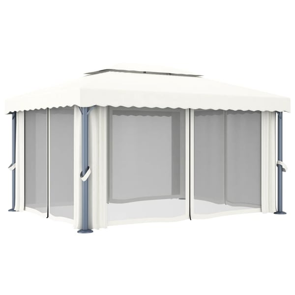 vidaXL Paviljong med gardin og LED-strenglys 4x3 m kremhvit