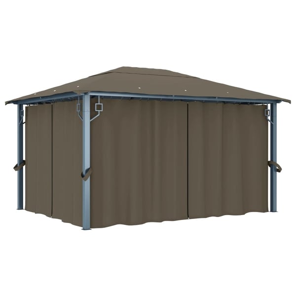 vidaXL Paviljong med gardin og LED-strenglys 4x3 m gråbrun aluminium