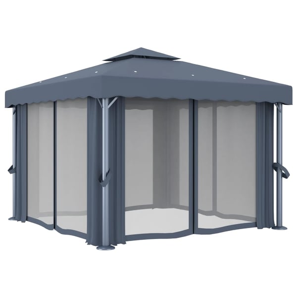vidaXL Paviljong med gardin og LED-strenglys 3x3 m antrasitt