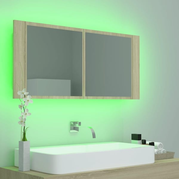 vidaXL LED-speilskap til baderom sonoma eik 100x12x45 cm akryl