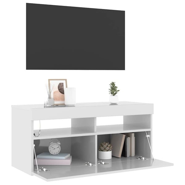 vidaXL tv-skab med LED-lys 90x35x40 cm hvid højglans