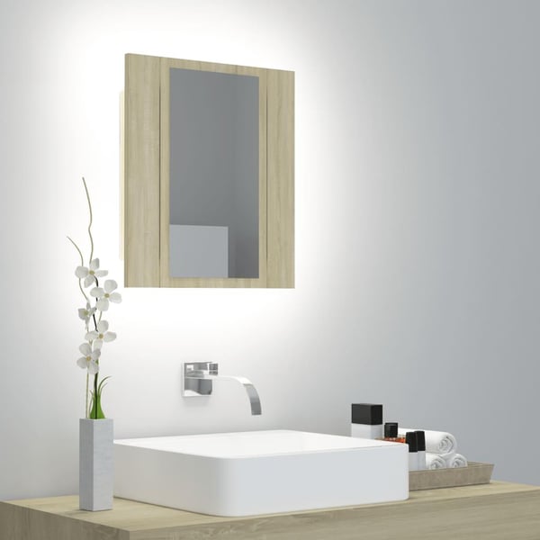 vidaXL badeværelsesskab m. spejl og LED-lys 40x12x45cm akryl sonoma-eg