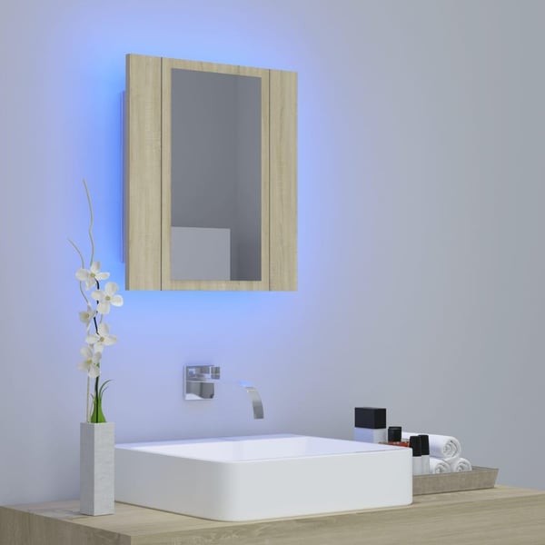 vidaXL badeværelsesskab m. spejl og LED-lys 40x12x45cm akryl sonoma-eg