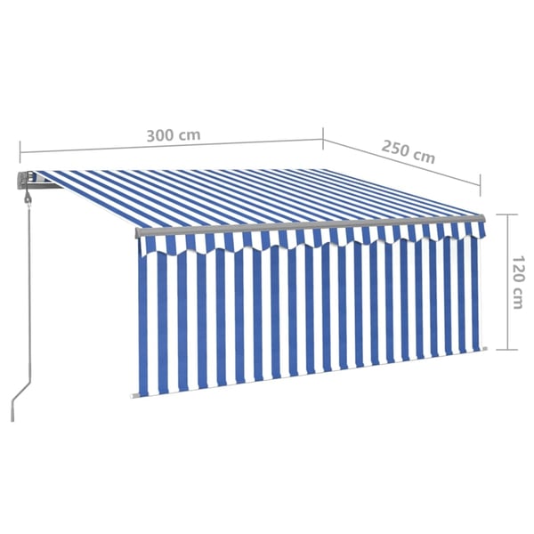 vidaXL markise m. gardin+LED+vindsensor 3x2,5 m automatisk blå og hvid