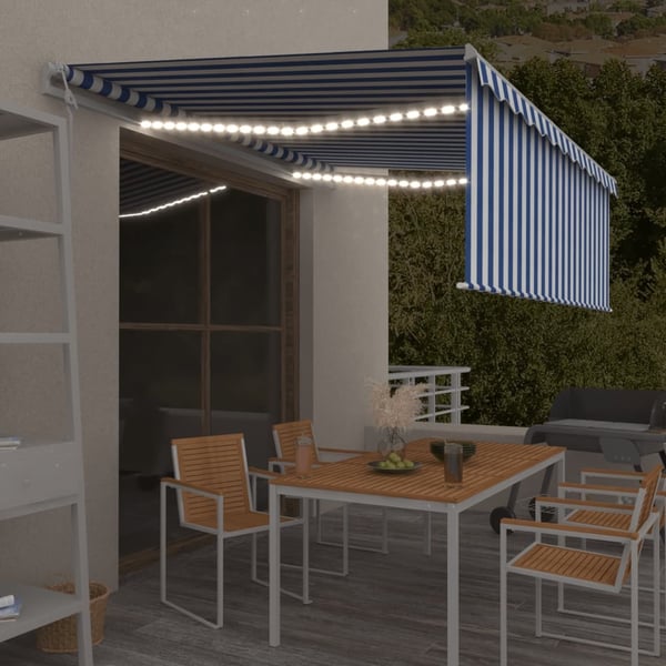 vidaXL markise m. gardin+LED+vindsensor 4,5x3 m automatisk blå og hvid