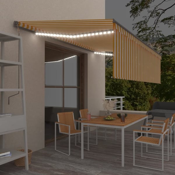vidaXL Automaattimarkiisi verho/LED/tuulisensori 5x3 m keltavalkoinen