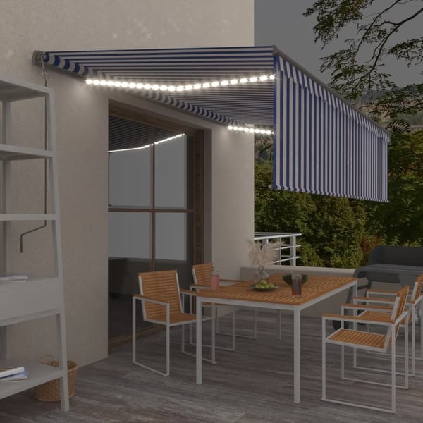 vidaXL markise m. gardin+LED+vindsensor 5x3 m automatisk blå og hvid