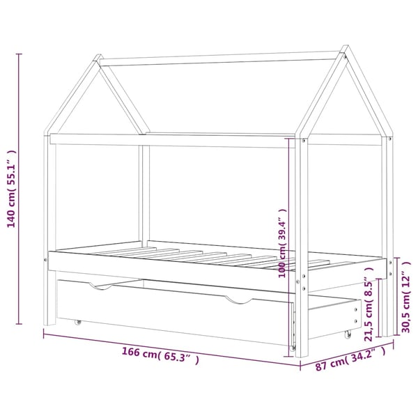 vidaXL Ramme for barneseng med skuff heltre furu hvit 80x160 cm
