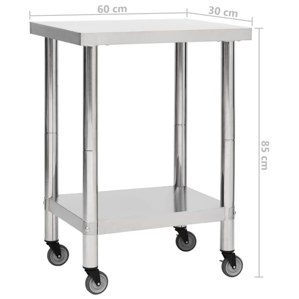 vidaXL Arbeidsbord for kjøkken med hjul 60x30x85 cm rustfritt stål