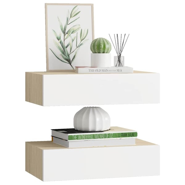 vidaXL Veggmonterte skuffehyller 2 stk eik og hvit 40x23,5x10 cm MDF