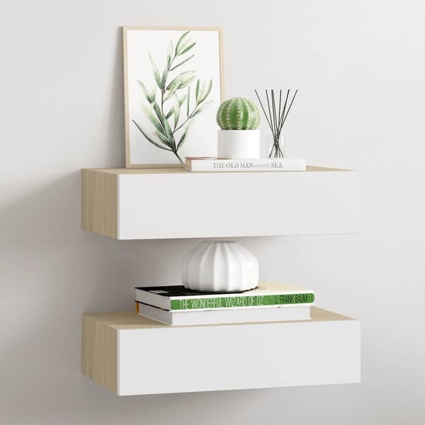 vidaXL Veggmonterte skuffehyller 2 stk eik og hvit 40x23,5x10 cm MDF