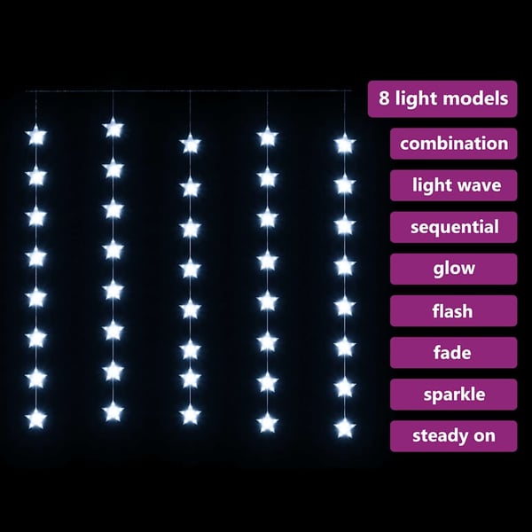 vidaXL LED-lysgardin med stjerner 200 LED'er 8 funktioner kold hvid