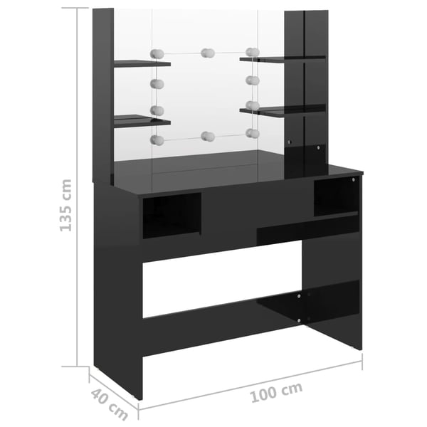 vidaXL Sminkebord med LED-lys 100x40x135 cm MDF blank svart