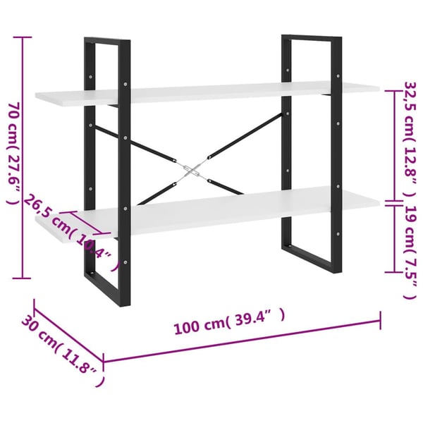 vidaXL Bokhylla 2 hyllplan vit 100x30x70 cm konstruerat trä
