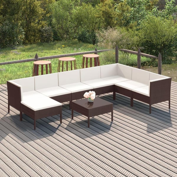 vidaXL loungesæt til haven 9 dele med hynder polyrattan brun