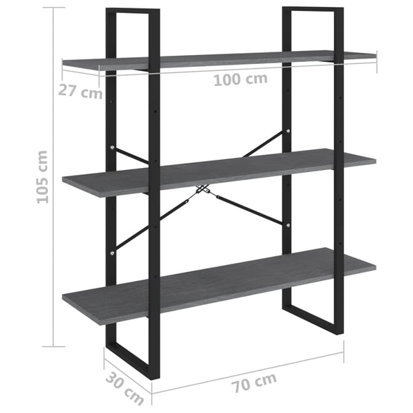 vidaXL Bokhylle 3 nivåer grå 100x30x105 cm heltre furu