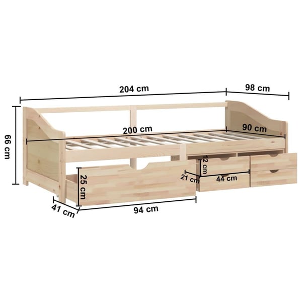vidaXL Sengeramme 3 seter med skuffer heltre furu 90x200 cm