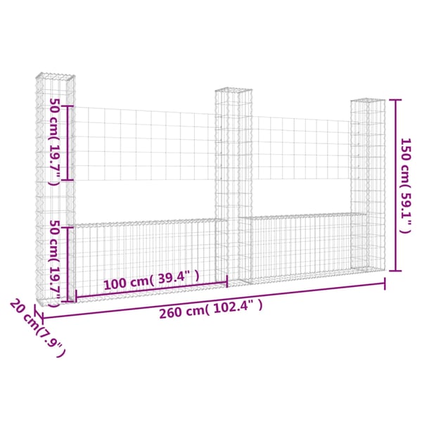 vidaXL Gabionkurv u-formet med 3 stolper 260x20x150 cm jern