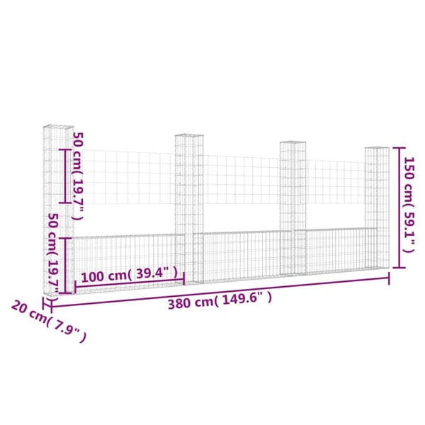 vidaXL U-formad gabionkorg med 4 stolpar järn 380x20x150 cm