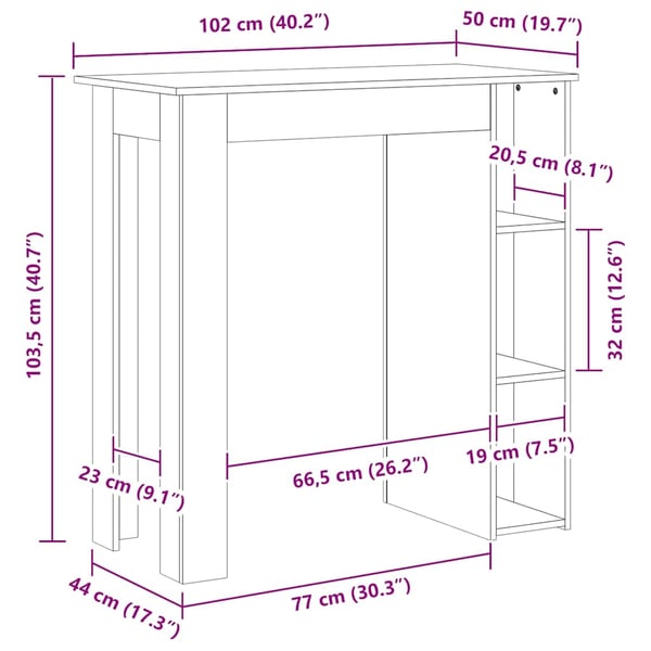 vidaXL Barbord med hylle hvit 102x50x103,5 cm konstruert tre